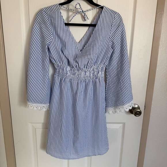 Venus Striped Bell Sleeve Dress with Lace Trim - Picture 3 of 5